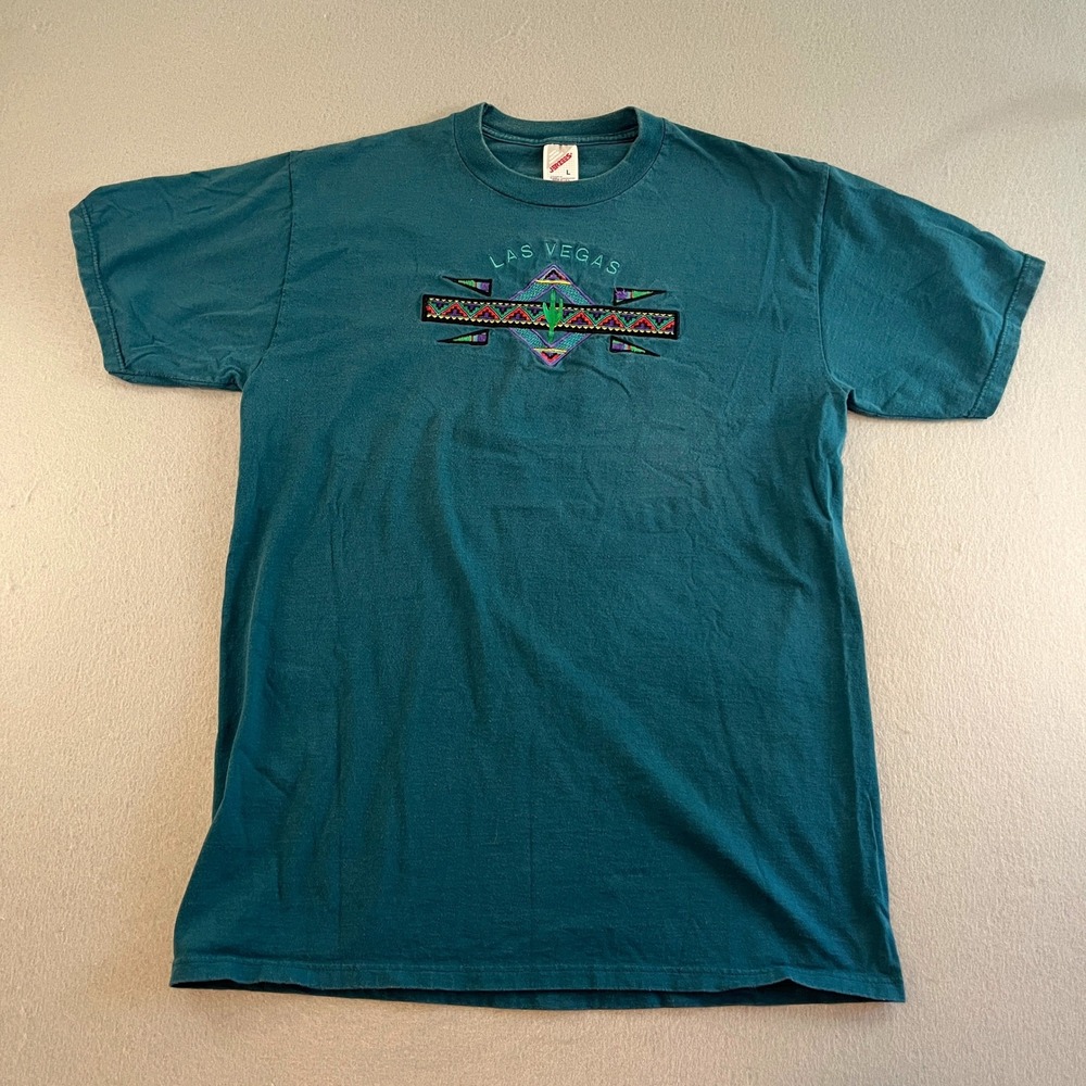 Vintage Jerzees Las Vegas Cactus Southwestern‎ Embroidered T Shirt Large Teal - Picture 2 of 7